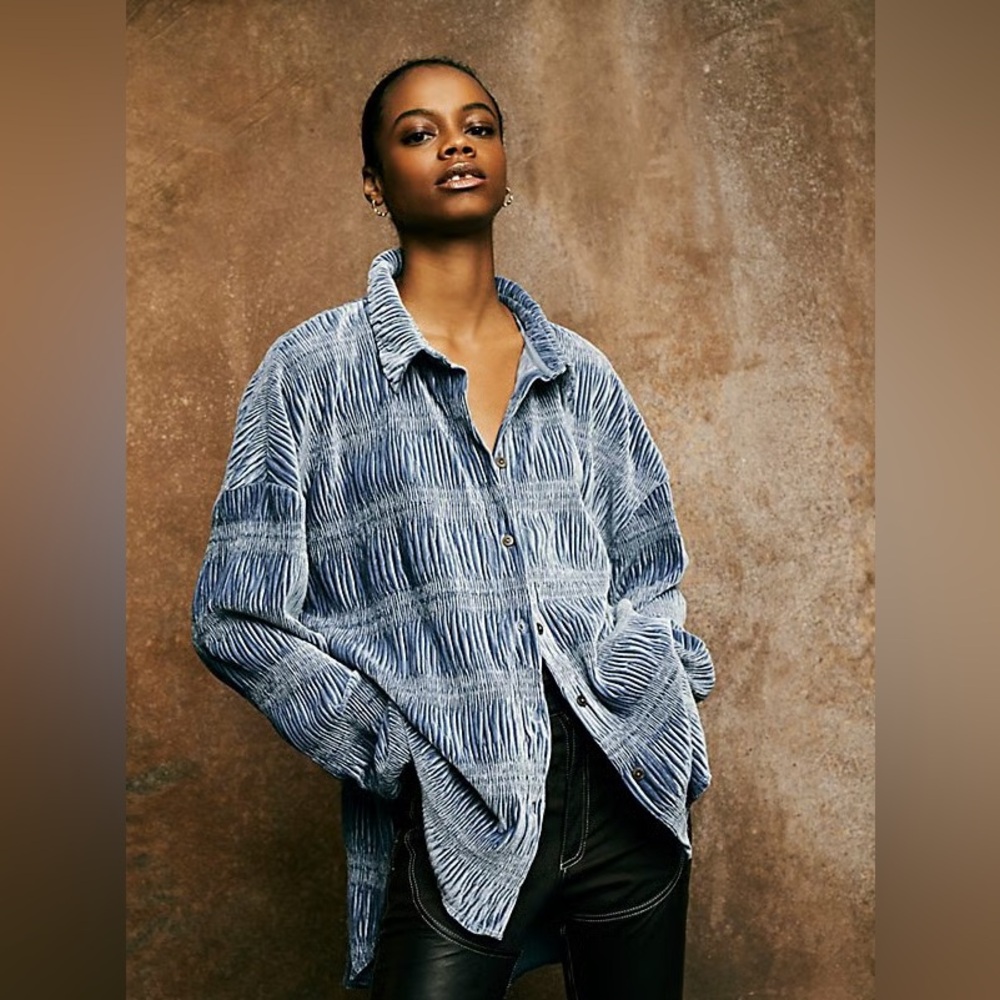 Free People NEW velvet flowy Blue Textured blouse button oversized tunic dress